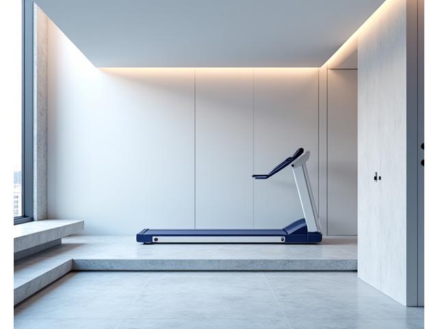 Minimalist luxury home gym with hidden equipment and clean lines